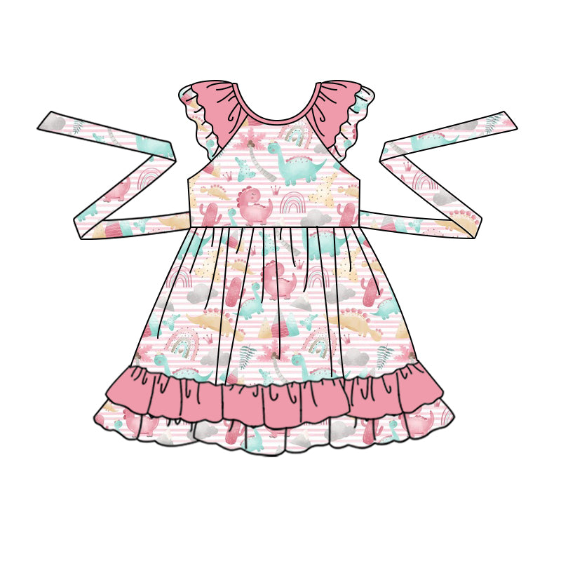 (Pre-order)GSD0805 Cute Dino Print Girls Summer Knee Length Dress
