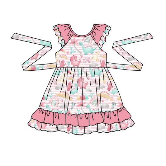 (Pre-order)GSD0805 Cute Dino Print Girls Summer Knee Length Dress