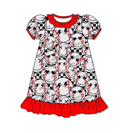 (Pre-order)GSD0808 Baseball Smiling Face Print Girls Summer Knee Length Dress