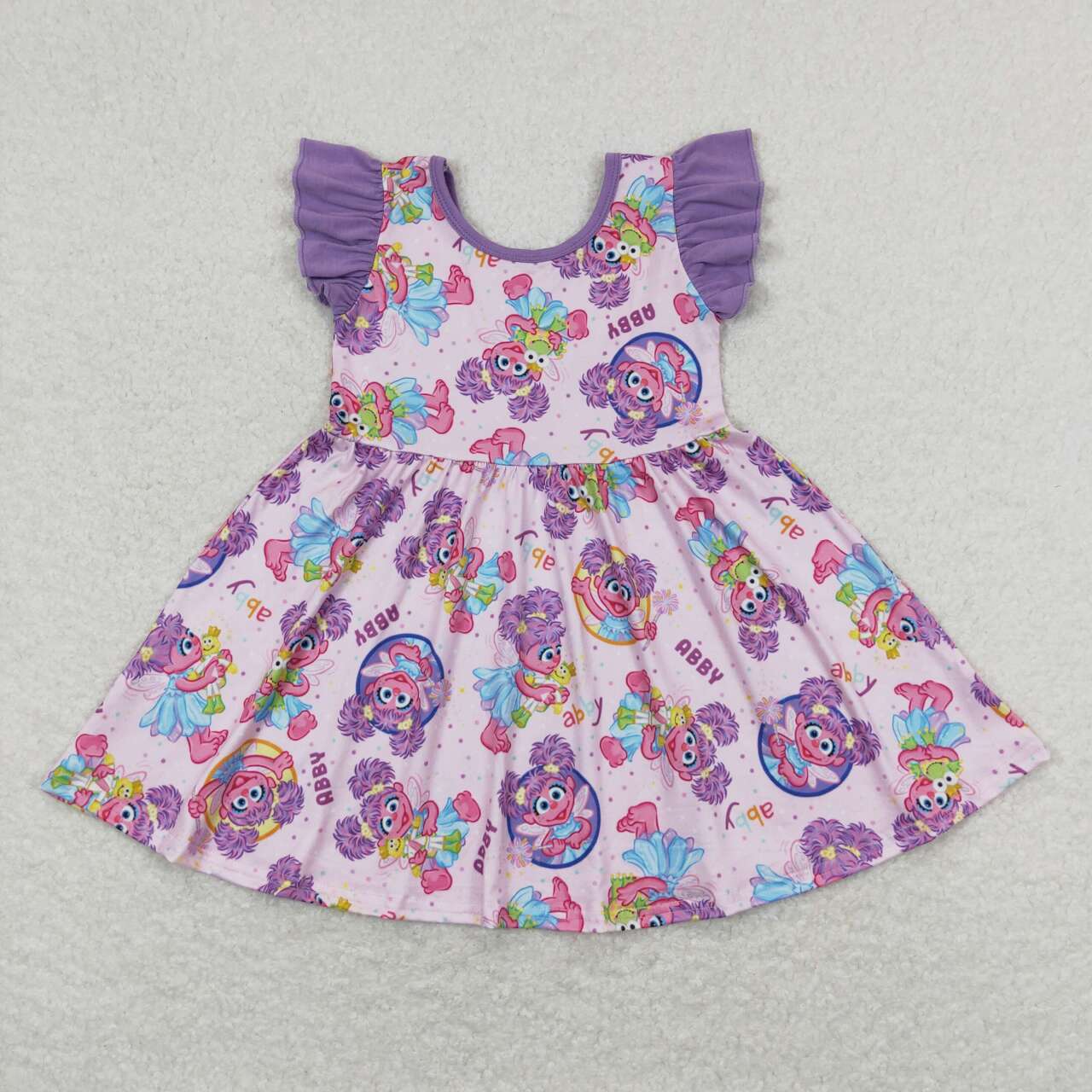 GSD0809 Purple Cartoon Street Teacher Print Girls Summer Knee Length Dress