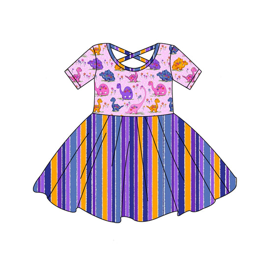 (Pre-order)GSD0814 Dino Flowers Print Girls Summer Knee Length Dress