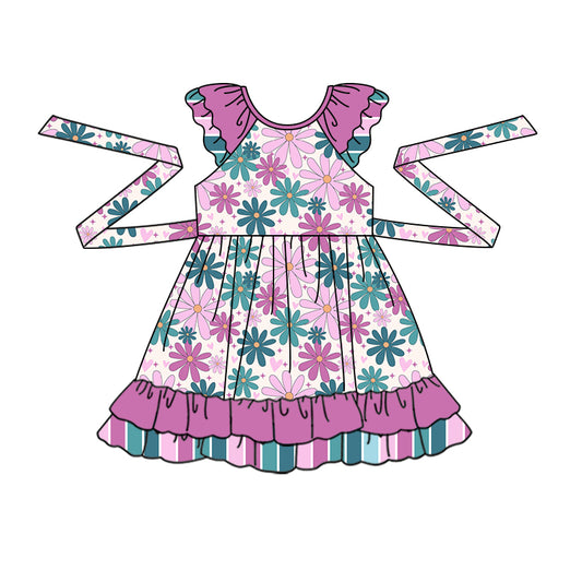 (Pre-order)GSD0818 Purple Flowers Print Girls Knee Length Dress