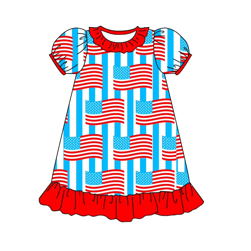 (Pre-order)GSD0819 Flag Print Girls 4th of July Knee Length Dress