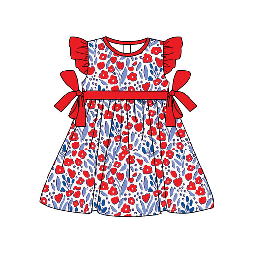 (Pre-order)GSD0825 Red Flowers Print Girls Summer Knee Length Dress