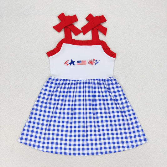 GSD0827 Airplane Flag Fireworks Embroidery Girls 4th of July Knee Length Dress