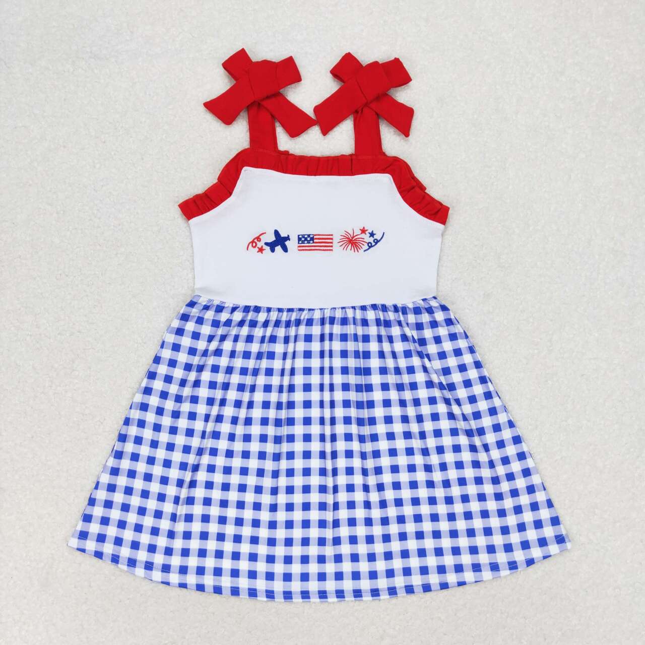 Airplane Flag Fireworks Embroidery Blue Plaid Print Sibling 4th of July Matching Clothes
