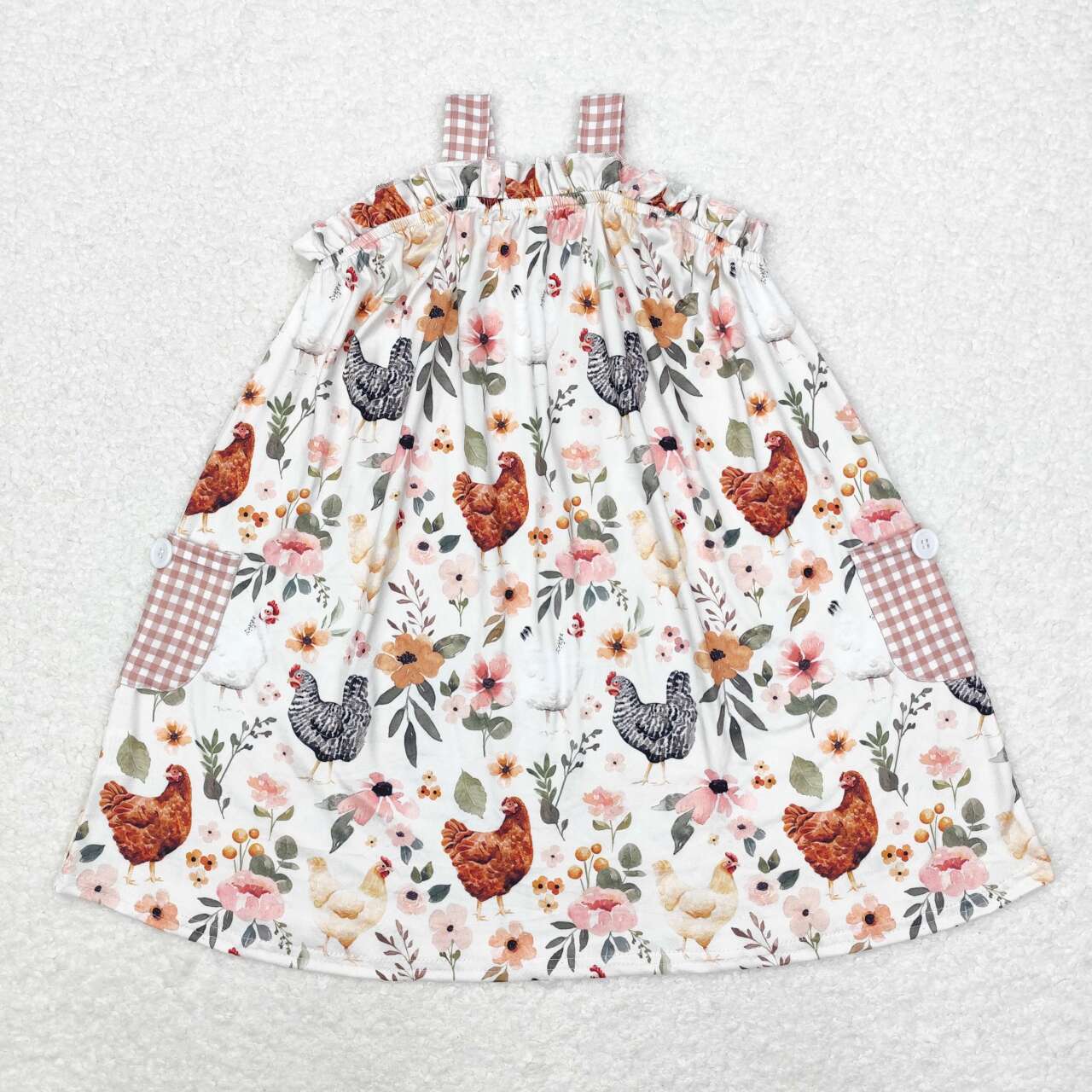 GSD0841 Chicken Flowers Print Pockets Girls Summer Knee Length Dress