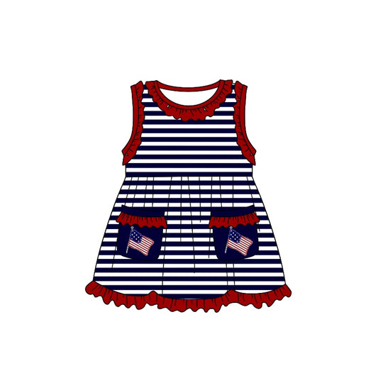 (Pre-order)GSD0844 Flag Pocket Print Girls 4th of July Knee Length Dress