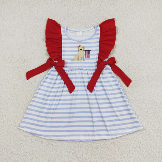 GSD0845 Dog Flag Embroidery Stripes Print Girls 4th of July Knee Length Dress