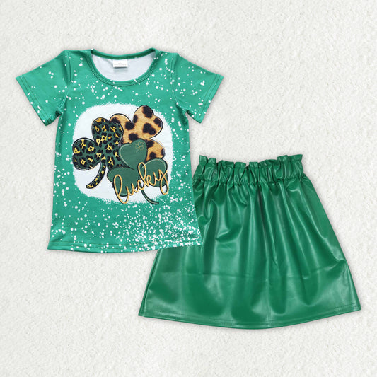 GSD0853 Green Quatrefoil LUCKY Top Green Pleather Skirts Girls St. Patrick's Clothes Set