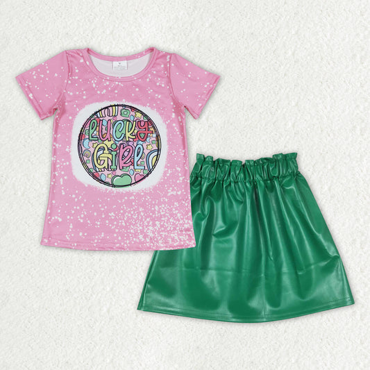 GSD0854 Pink Luck Girl St. Patrick's Top Green Pleather Skirts Girls Clothes Set