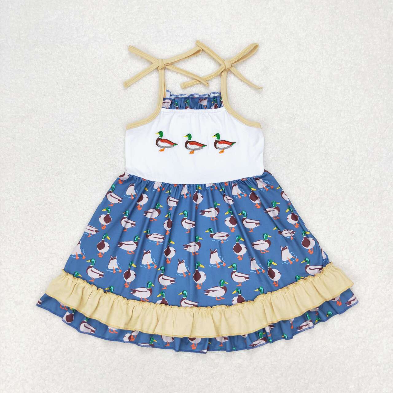 GSD0891 Duck Embroidery Print Girls Summer Knee Length Strap Dress