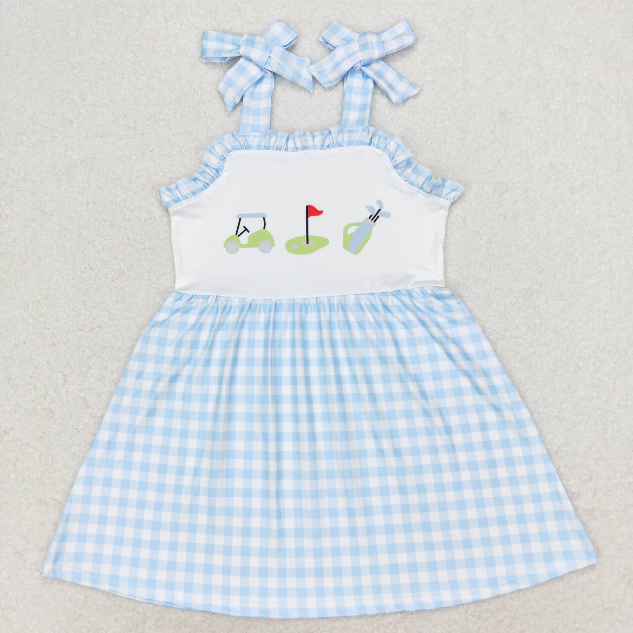 GSD0907 Golf Blue Plaid Print Girls Knee Length Summer Strap Dress