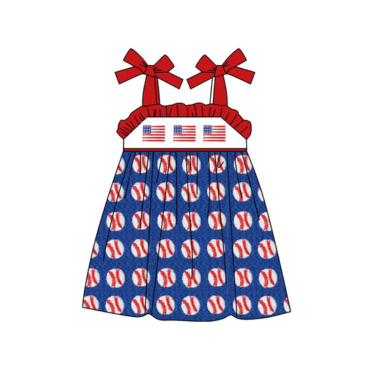 (Pre-order)GSD0917 Flags Baseball Print Girls Summer Knee Length Dress