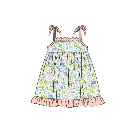 (Pre-order)GSD0926 Animals Flowers Print Girls Summer Knee Length Dress
