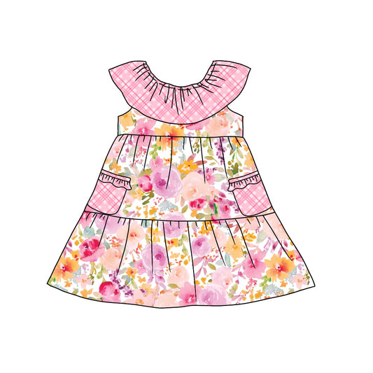 (Pre-order)GSD0937 Pink Flowers Print Pockets Girls Knee Length Summer Dress