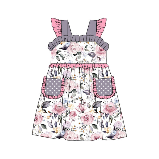 (Pre-order)GSD0939 Grey Flowers Print Pockets Girls Knee Length Summer Dress