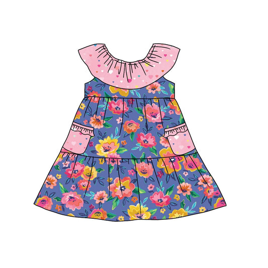 (Pre-order)GSD0940 Flowers Print Pockets Girls Knee Length Summer Dress