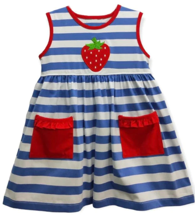 (Pre-order)GSD0941 Strawberry Stripes Print Girls Knee Length Summer Dress