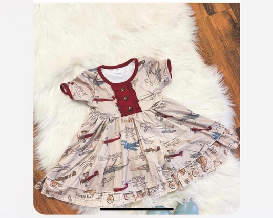 (Pre-order)GSD0969 Plane Print Girls Summer Knee Length Dress