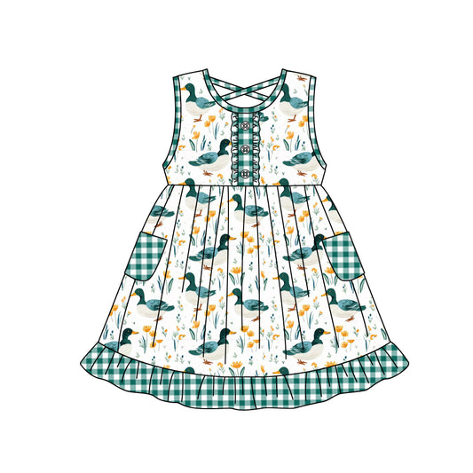 (Pre-order)GSD0971  Duck Print Pockets Girls Summer Knee Length Dress