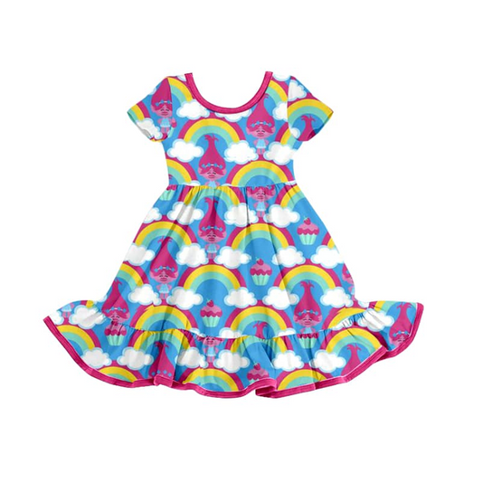 (Pre-order)GSD0979  Rainbow Long Hair Monster Print Girls Knee Length Summer Dress