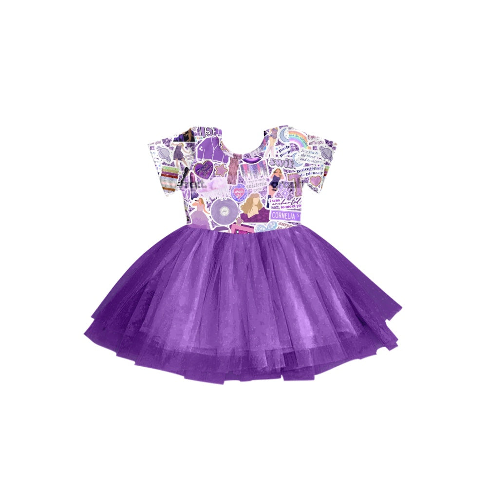 (Pre-order)GSD0982  Purple Singer Print Girls Knee Length Summer Tulle Dress