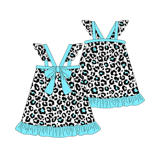 (Pre-order)GSD0986  Blue Leopard Print Girls Knee Length Summer Dress