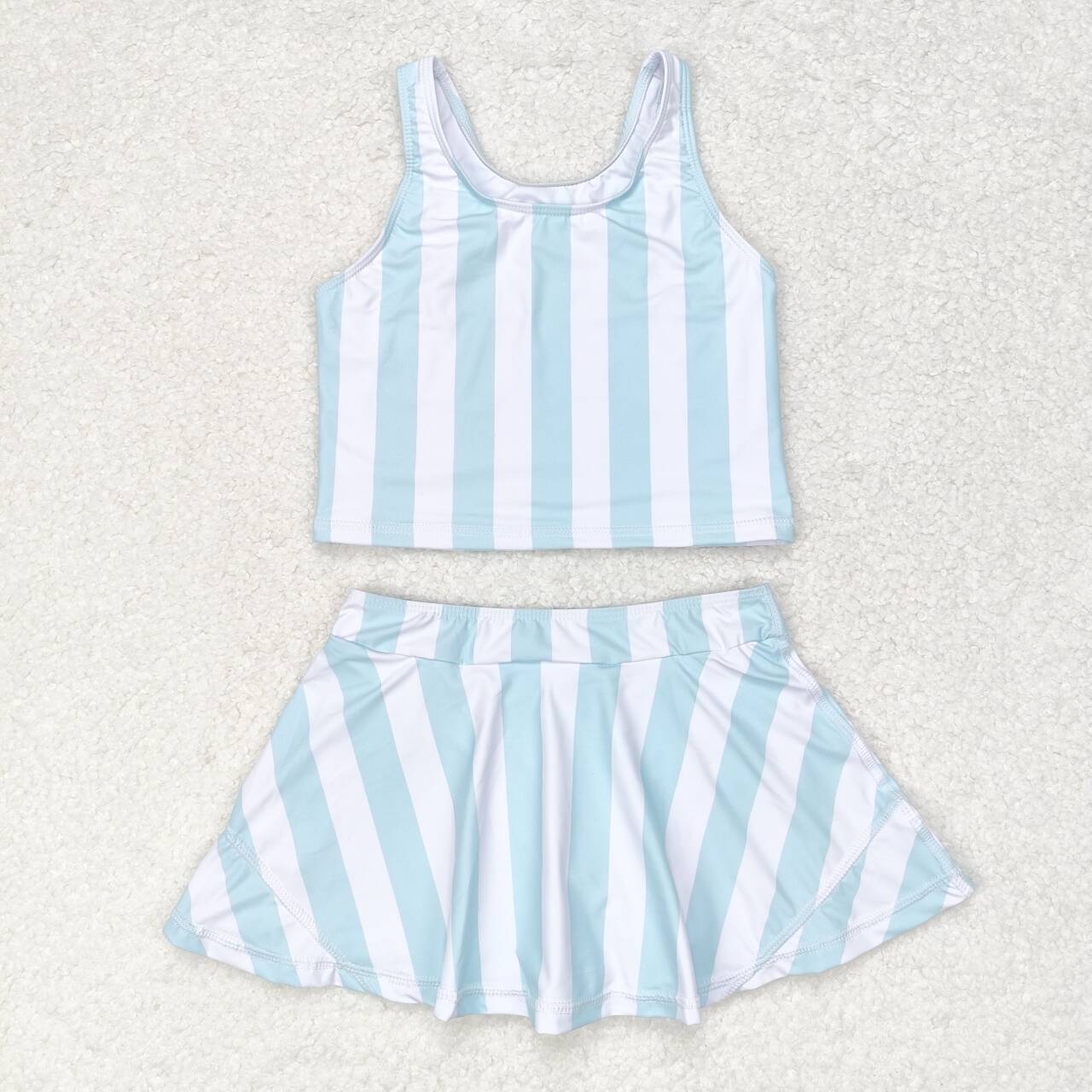 GSD0990  Aqua Stripes Print Girls Summer Skirts Athletic Clothes Set