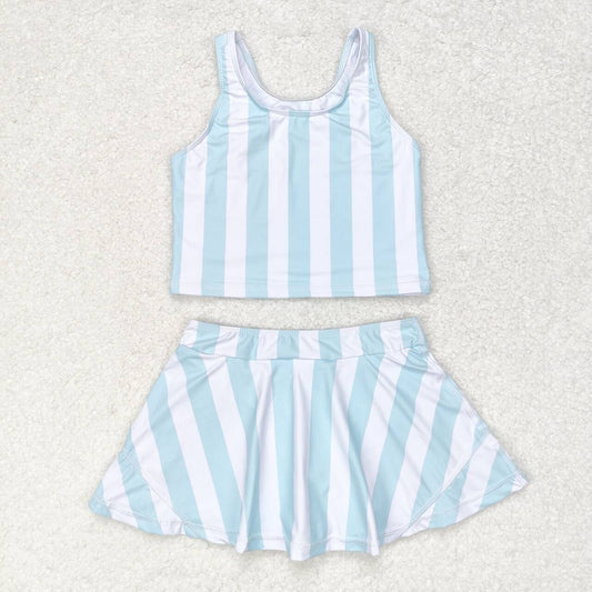 GSD0990  Aqua Stripes Print Girls Summer Skirts Athletic Clothes Set