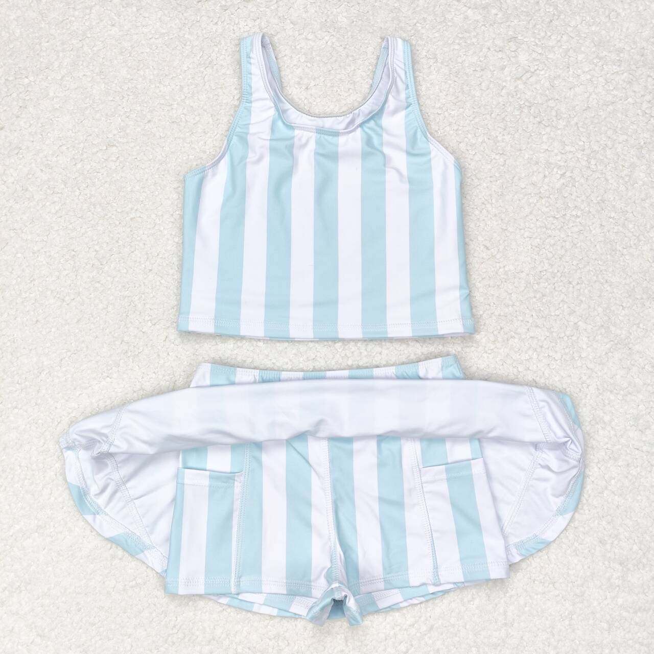 GSD0990  Aqua Stripes Print Girls Summer Skirts Athletic Clothes Set