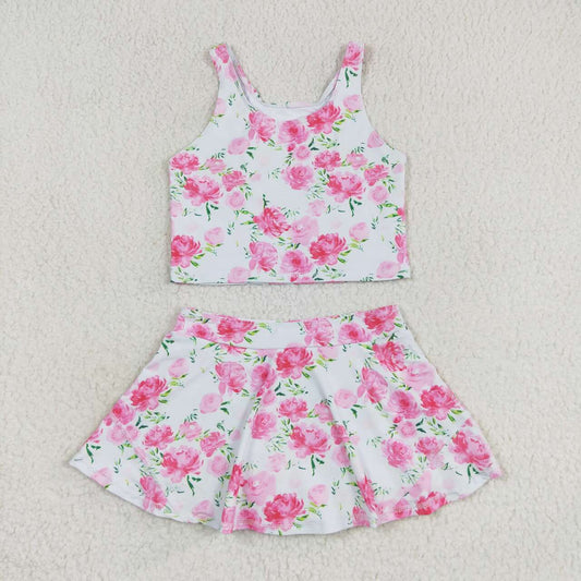 GSD0994  Pink Flowers Print Skirts Shorts Girls 2 Pieces Swimsuits