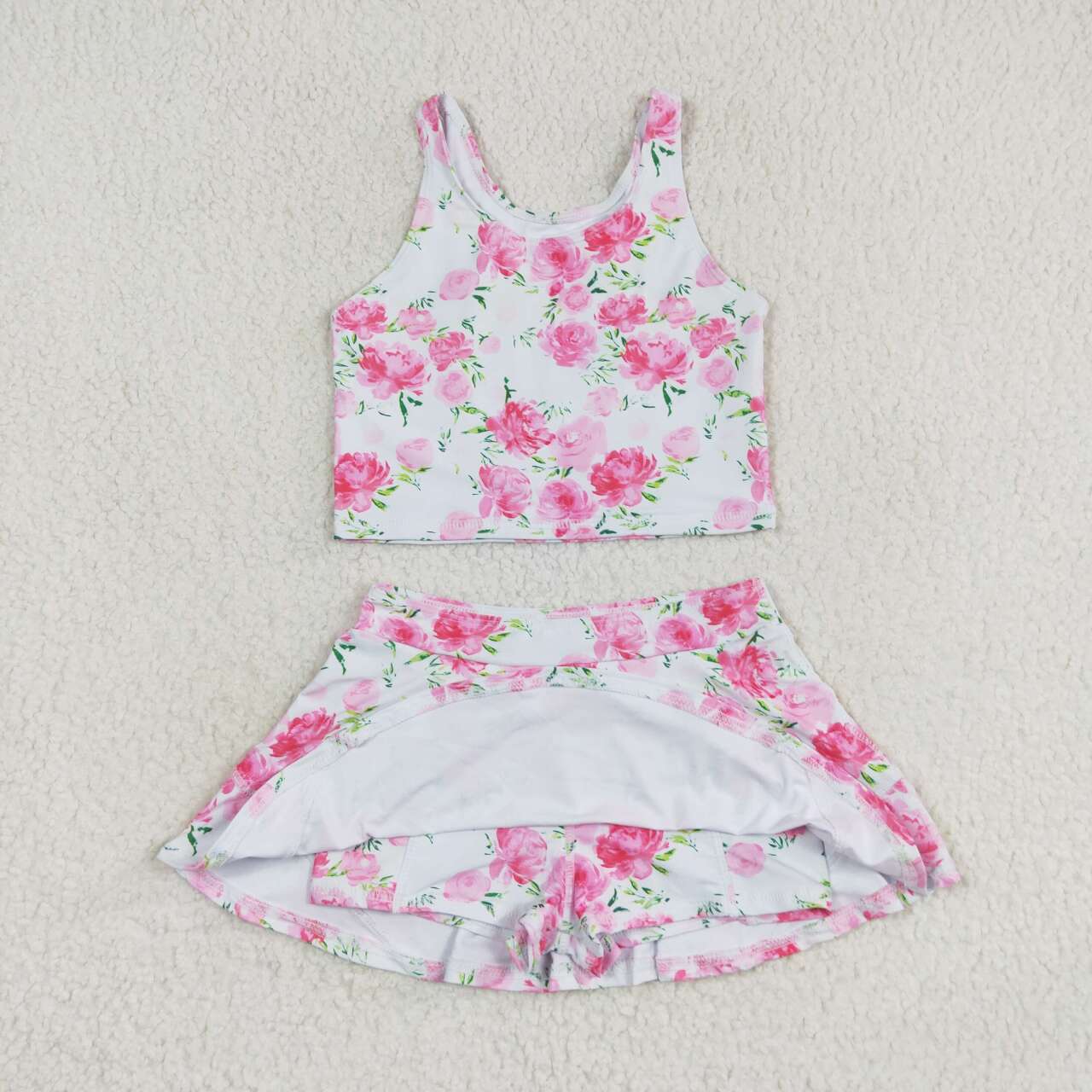 GSD0994  Pink Flowers Print Skirts Shorts Girls 2 Pieces Swimsuits