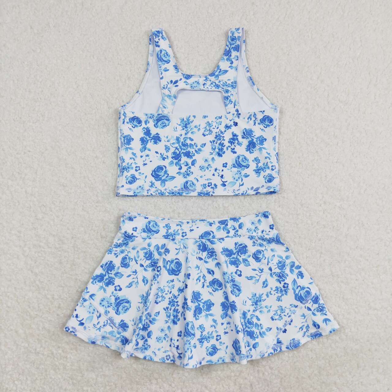 GSD0995  Blue Flowers Print Skirts Shorts Girls 2 Pieces Swimsuits