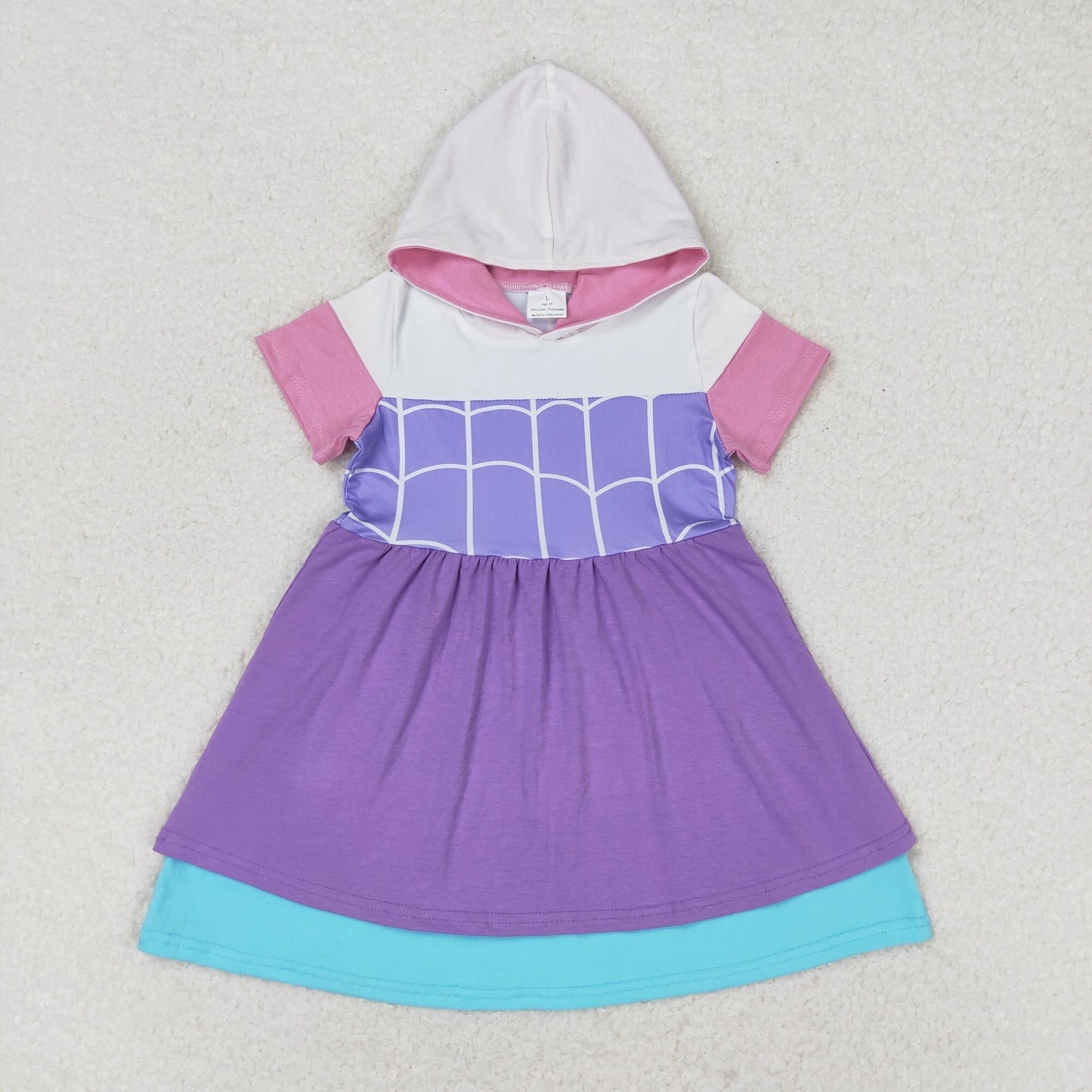 GSD0996  Purple Cartoon Spider Print Girls Knee Length Summer Hoodie Dress