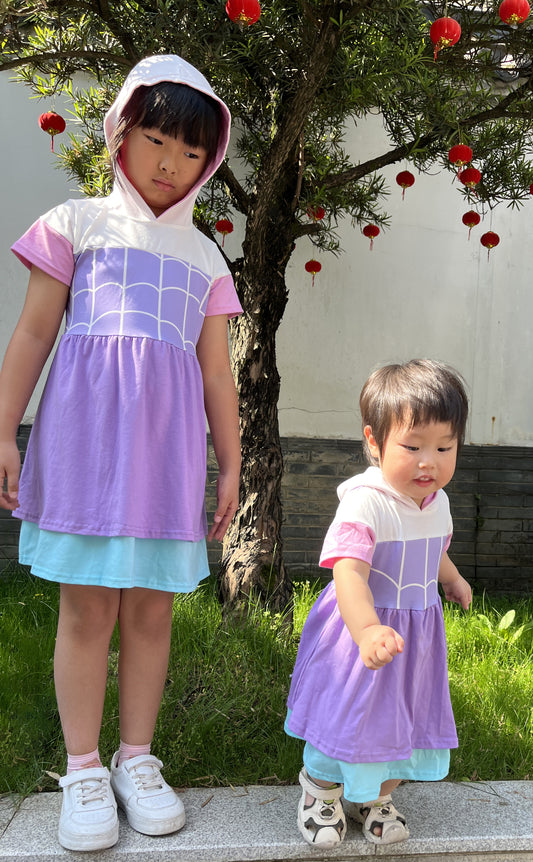 GSD0996  Purple Cartoon Spider Print Girls Knee Length Summer Hoodie Dress