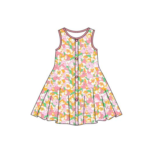 (Pre-order)GSD1003  Orange Flowers Print Girls Knee Length Summer Dress