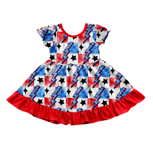 (Pre-order)GSD1029  Flash Stars Red Blue Plaid Print Girls Knee Length 4th of July Dress