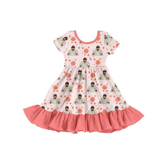 (Pre-order)GSD1031  Pink Singer Flowers Print Girls Knee Length Summer Dress