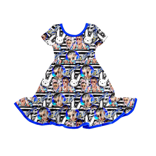 (Pre-order)GSD1032  Blue Singer Print Girls Knee Length Summer Dress