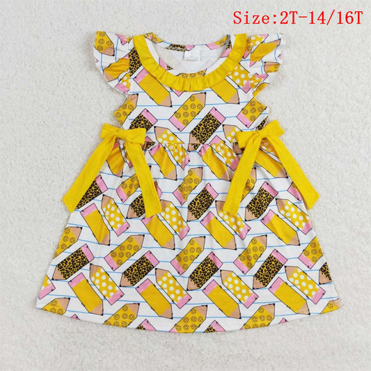 GSD1038  Yellow Pencil Leopard Print Girls Knee Length Back to School Dress