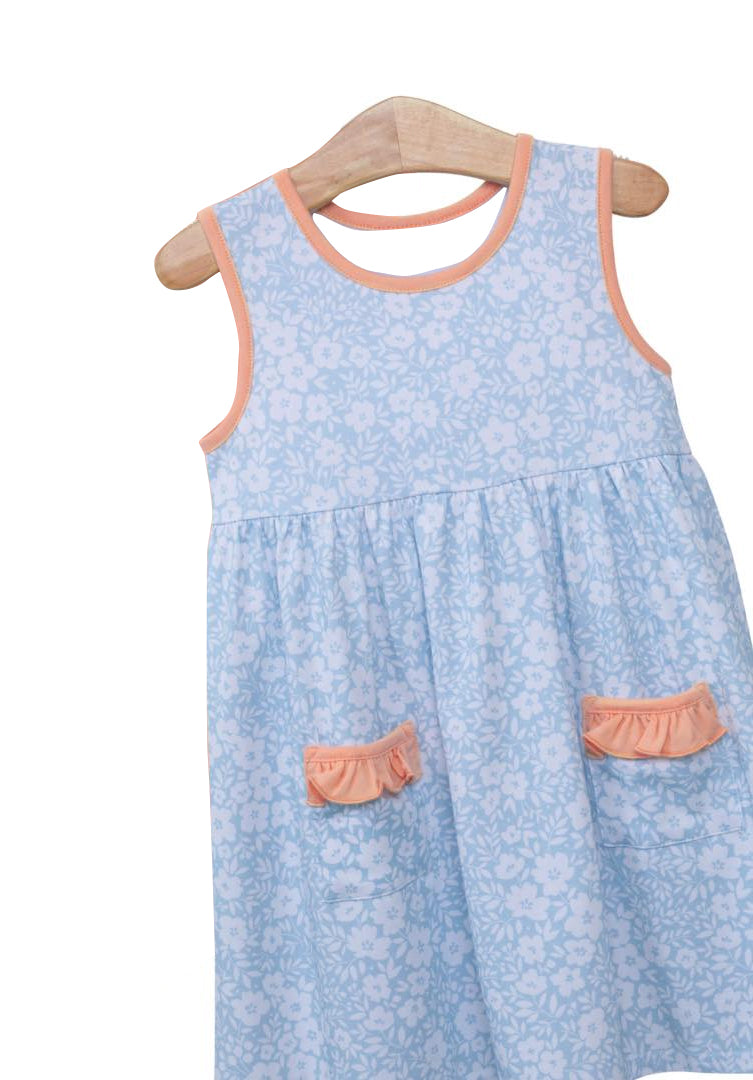 (Pre-order)GSD1048  Blue Small Flowers Print Pockets Girls Knee Length Summer Dress