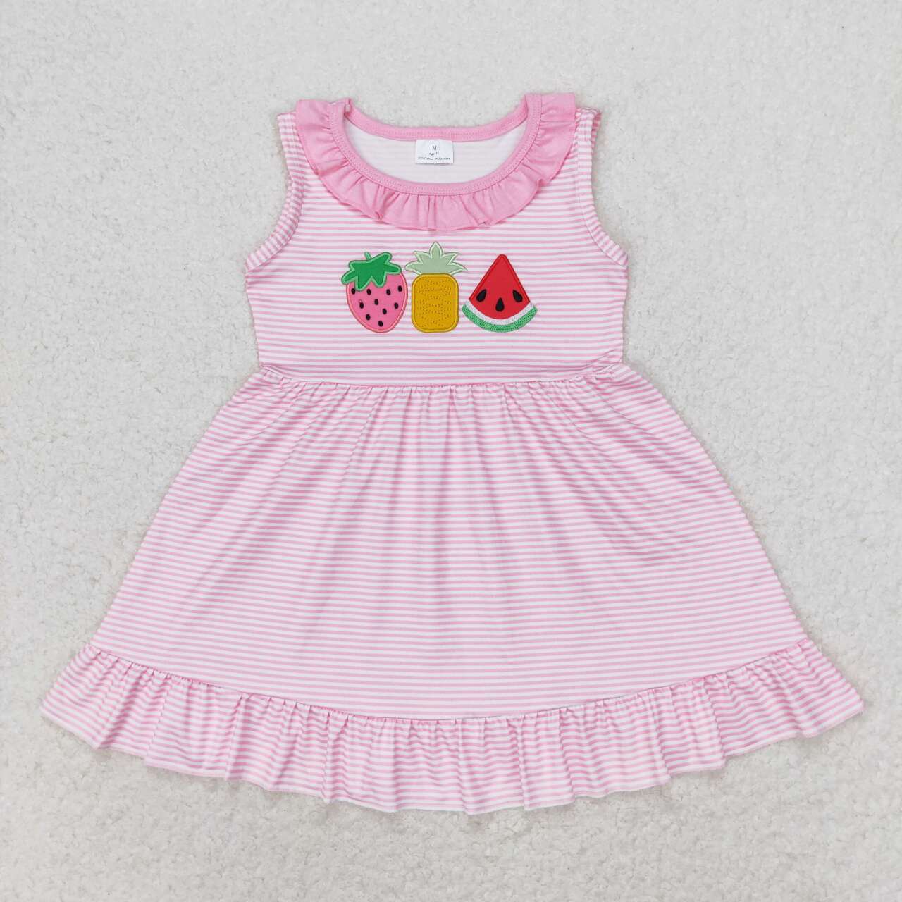 GSD1055  Fruits Embroidery Pink Stripes Print Girls Knee Length Summer Dress