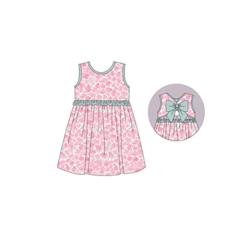 (Pre-order)GSD1064  Pink Flowers Print Girls Knee Length Summer Dress