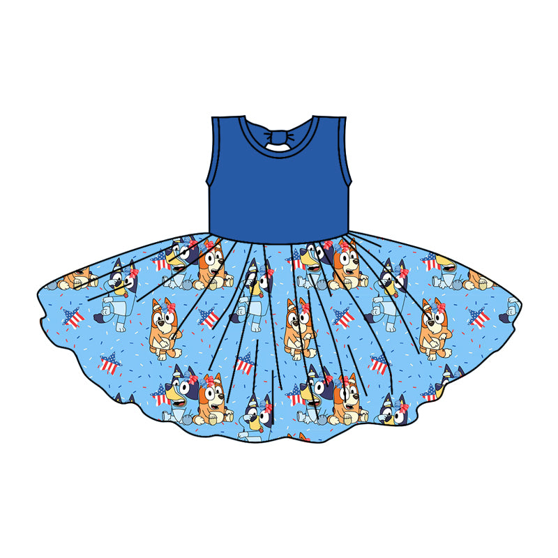 (Pre-order)GSD1068  Cartoon Dog Stars Print Girls Knee Length 4th of July Dress