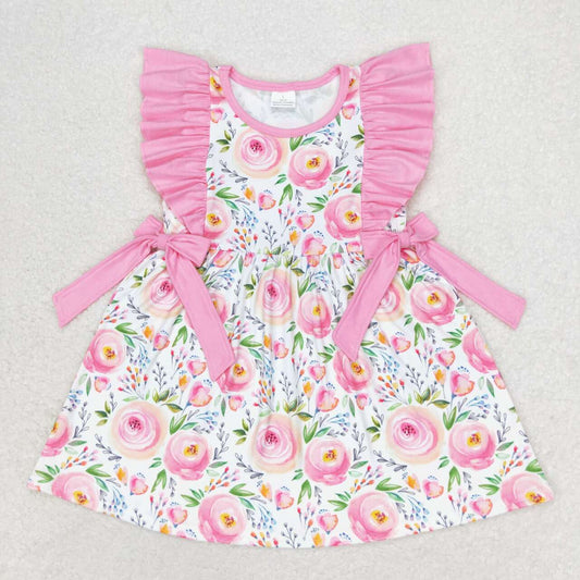 GSD1070  Pink Flowers Print Girls Knee Length Summer Dress