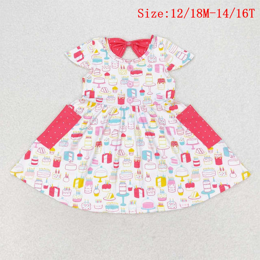 GSD1082  Pink Cake Print Pockets Girls Knee Length Summer Happy Birthday Dress