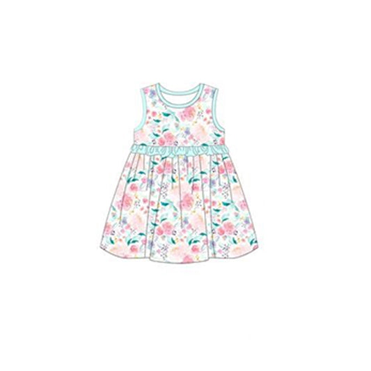 (Pre-order)GSD1083  Flowers Print Girls Knee Length Summer Dress