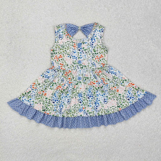 GSD1086  Small Flowers Print Girls Sleeveless Knee Length Summer Dress