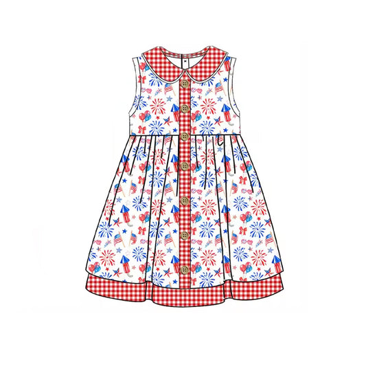 (Pre-order)GSD1088  Fireworks Print Girls Knee Length 4th of July Dress